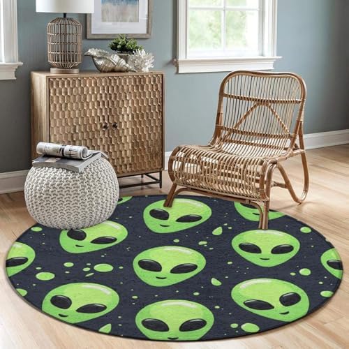 Large Machine Washable Circular Rugs, Home Decor Round Mat for Living Room Sofa Office Alien Green