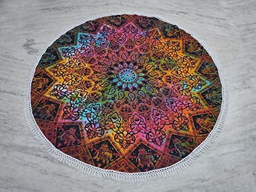 Round Beach Tapestry Turquoise Mandala Throw/Boho Hippie Beach Blanket Roundie/Indian Cotton Bohemian Large Round Table Cloth-Home Decor/Yoga Mat Meditation Picnic Rug (42", Multi Blue)