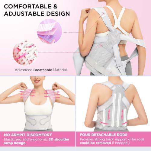 Vicorrect Posture Corrector for Women and Men: Adjustable Back Brace for Upper Back Support - Shoulder Neck Pain Relief - Lightweight Breathable Design (Gray Large)