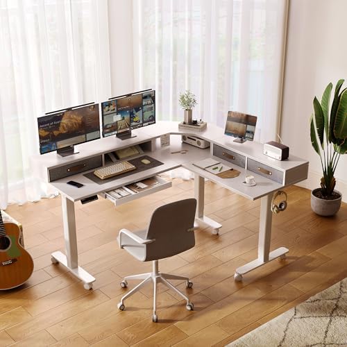 Claiks Dual Motor L Shaped Standing Desk with Drawers, 63inch, White