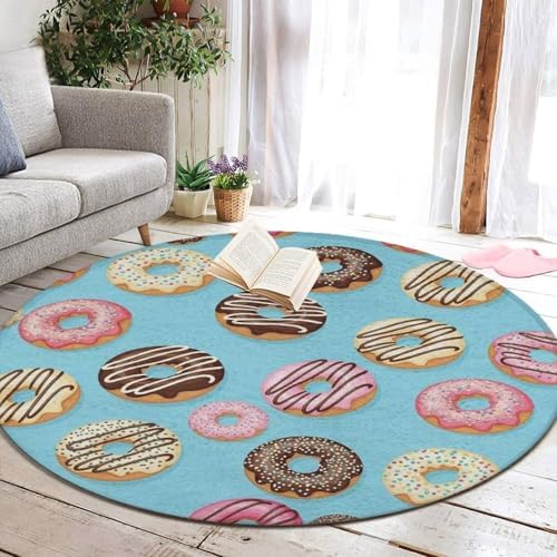 Large Home Decor Mat, Soft Round Yoga Carpet, Non Slip Machine Washable Kitchen Office Circle Rug Delicious Doughnuts, 36inch