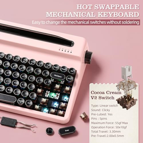 YUNZII QL75 Retro Typewriter Hot Swap RGB Keyboard(Pink, Cocoa V2)