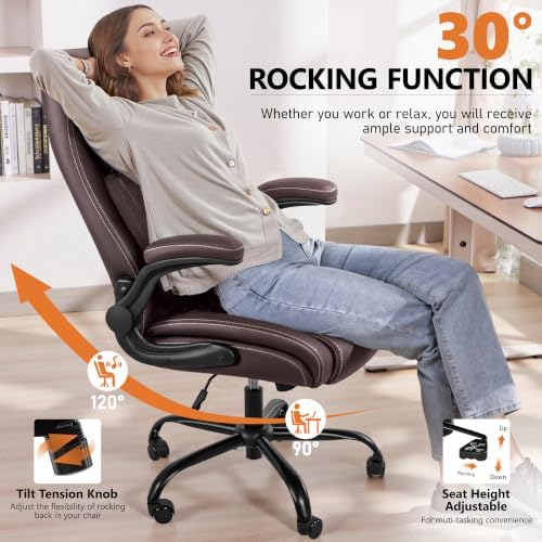 BESTFAIR Office Chair, Executive Computer Desk Chair with Lumbar Support for Lower Back Pain Relief, Ergonomic Leather Home Chair Comfy with Padded Flip-up Arms and Adjustable Armrests, Coffee