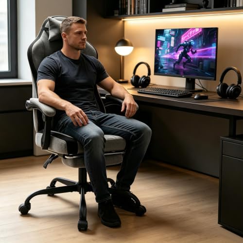 SUKIDA Computer Gaming Chair - Fabric Video Game Chairs with Footrest and Lumbar Support Swivel Comfy Linkage Armrests Gamer Chairs Home Desk Chair for Adults, Grey&Black