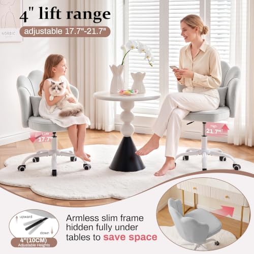 Vanity Chair with Wheels, Swivel Velvet Makeup Desk Chair, Grey
