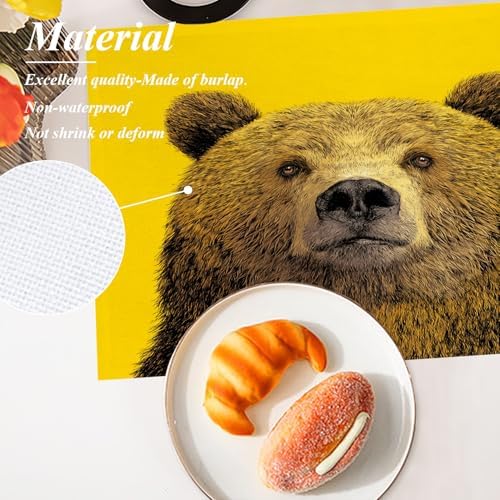 Shrahala Cute The Bear in Mineral Yellow Placemats, Bear Face Yellow Background Table Mat Linen Burlap Washable Double-Deck Heat Insulation for Dining/Kitchen Table Set of 4 (12 x 18 inch)