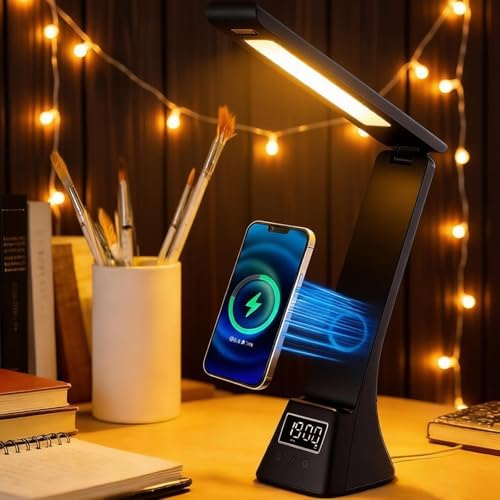 AYI Multifunctional LED Desk Lamp, 10W Wireless Charging Station with Digital Clock & Alarm, Foldable Phone Holder Stand for Bedroom Home Office, TYV-2088 Black.
