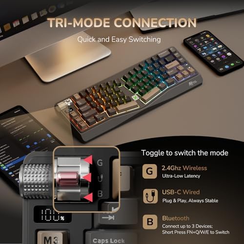 RK ROYAL KLUDGE A70 Wireless Ergonomic Keyboard, Alice Split Mechanical Keyboard w/Bluetooth/2.4GHz/Wired, 65% RGB Gaming Keyboards with Knob and PBT Keycap, Gasket Hot Swappable Linear Cream Switches