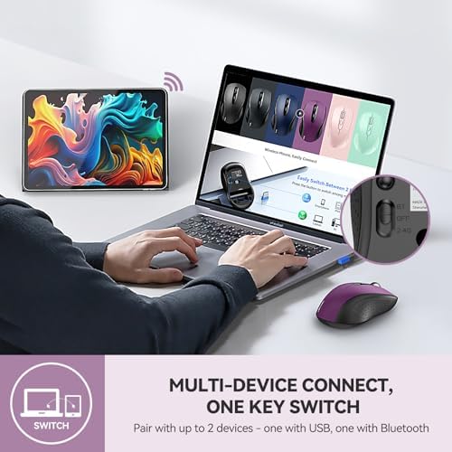 TECKNET 2-in-1 Bluetooth Mouse (BT 5.0/3.0+2.4Ghz), 6-Level 4000 DPI-Purple