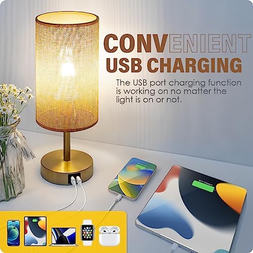 Yarra-Decor Bedside Lamp with USB Port - Touch Control Table Lamp for Bedroom Wood 3 Way Dimmable Nightstand Lamp with Round Flaxen Fabric Shade for Home Office (LED Bulb Included) (Y - NET)
