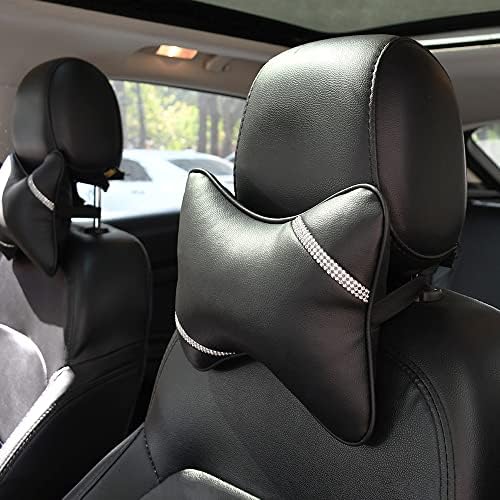 2 Pack Car Headrest Pillow Diamond Dual-Side PU Leather Neck Pillows, Cushion Head Rest Neck for Women fit Most Cars Universal Relax Crystal Rhinestone Neck Support Pillow for Car, Home & Office