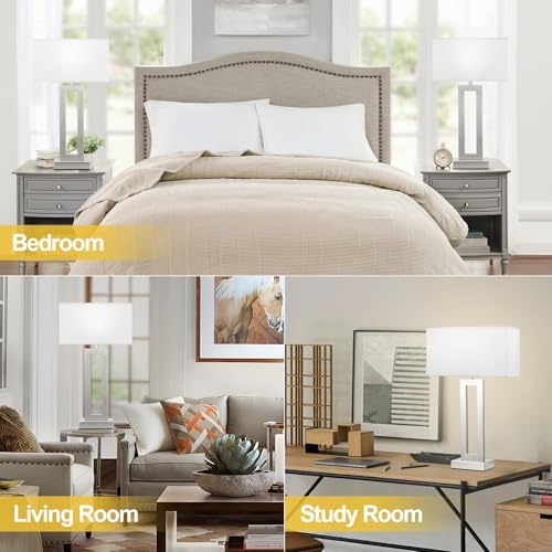 Seealle 22" Tall Bedroom Lamps for Living Room - Touch Brushed Nickel Bedside Lamps with USB C+A, 3 Way Dimmable Lamp for Nightstand, Modern Night Stands Lamps for End Tables(White&Silver)