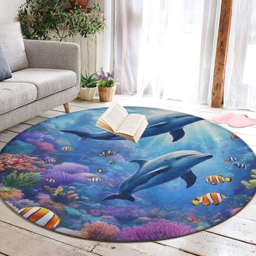 Large Round Area Rug Home Decor Modern Bathroom Rug Kitchen Office Circle Rug for Living Room Sofa Circle Cute Mat Sea Underwater Beautiful Sea World Dolphins, 36inch