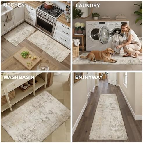 Anti Fatigue Beige Grey Neutral Non-Slip Kitchen Mat 2 Piece
