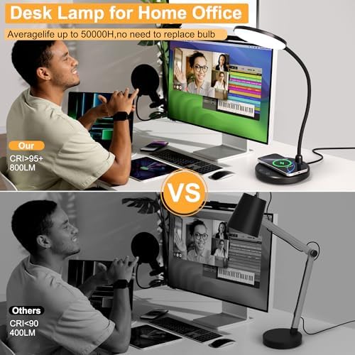 Wireless Charging Desk Lamp for Home Office, 800LM, CRI95+, Black