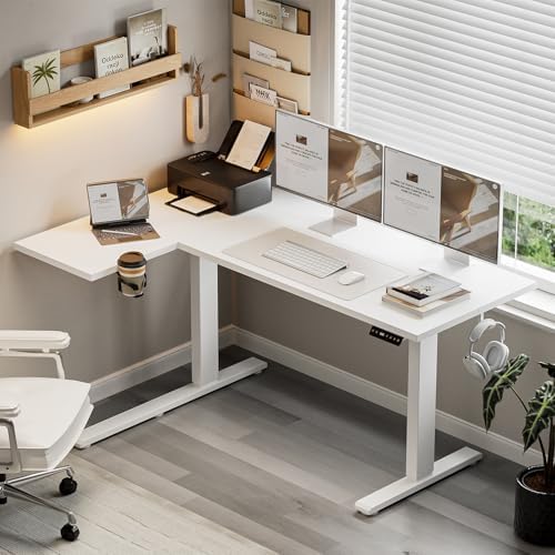 Muvai 59" L Shaped Standing Desk with Cable Tray, Reversible, White