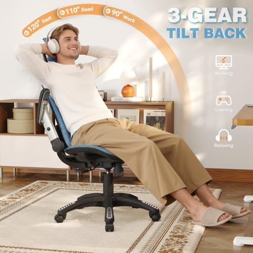 GABRYLLY Ergonomic Office Chair, High Back Home Desk Chair with 2D Flip-Up Arms, 3D Headrest, 90-120° Tilt and Wide Cushion, Big and Tall Mesh Chairs for Man Woman, Blue Computer Task Chair