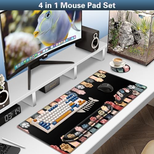 Canjoy Desk Mat with Wrist Rest, Anime Cat Paws Keyboard and Mouse Pad