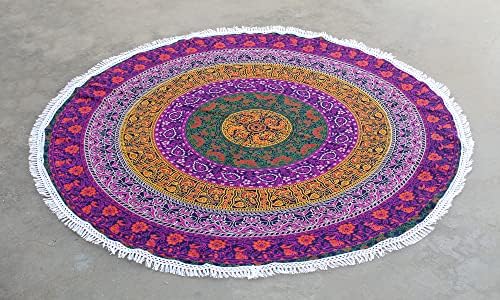 Round Beach Tapestry Turquoise Mandala Throw/Boho Hippie Beach Blanket Roundie/Indian Cotton Bohemian Large Round Table Cloth-Home Decor/Yoga Mat Meditation Picnic Rug (42", 6 Color)