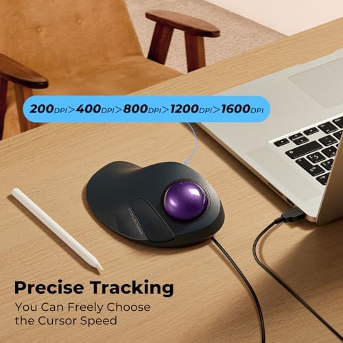 Wired Ergonomic Trackball Mouse for Large Hands, 44mm Index Finger Control