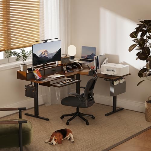 WALKINGDESK 63 Inches Height Adjustable L Shaped Standing Desk with 2 Drawers and Keyboard Tray, Electric Sit to Stand Home Office Comupter Table, Ergonomic Corner Gaming Desk, Black Walnut