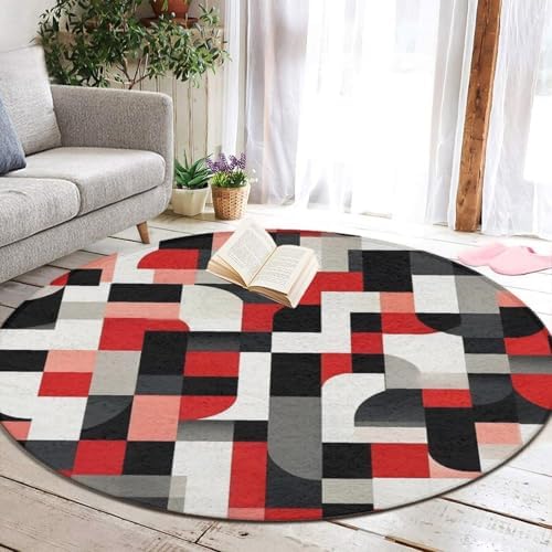 Large Home Decor Mat, Soft Round Yoga Carpet, Non Slip Machine Washable Kitchen Office Circle Rug Red Black Grey White Art