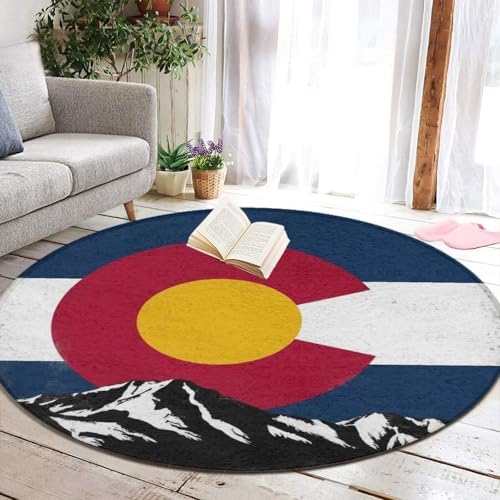 Large Home Decor Mat, Soft Round Yoga Carpet, Non Slip Machine Washable Home Office Circle Rug Colorado Flag Vintage Mountain