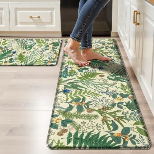 2PC Botanical Kitchen Rugs Set, Beige Green, 17.3"x28" + 17.3"x47"