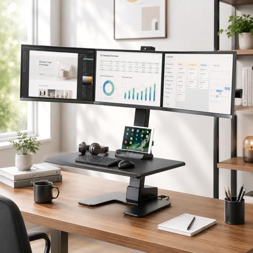 Mount-It! Triple Monitor Electric Standing Desk Converter - 3 Screens Stand Up Desk Riser - Height Adjustable Desktop & 3 Mounts for Screens up to 32", Sit-Stand Convertor for Home, Office, School