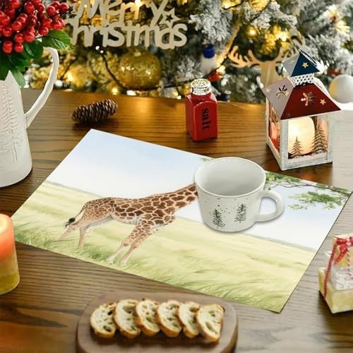 Linen Place Mats And Table Runner Set of 7 Heat Resistant Non-Slip Table Mats Boho Farmhouse Washable Giraffe Stretching Its Neck to Eat Leaves Placemats for Kitchen Dining Party Holiday Wedding Table