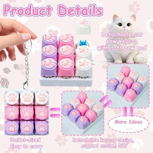 Cat Paw Keyboard Fidget Toy, Keyboard Fidget Keychain 9-in-1 Keyboard Decompression Button Finger Clicker Toys, Cute Soft Click Buttons Fidget Toy ADHD Sensory Fidget Toys Stress Relief Gifts(W-P-P)