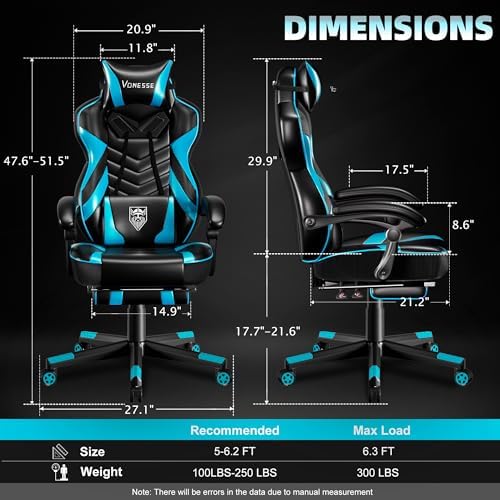 Vonesse Gaming Chair, Big and Tall Gaming Chair with Footrest and Massage, Gaming Chairs for Adults with Lumbar Support, Ergonomic High Back Computer Chair with Pocket Spring Cushion (Cyan/Black)
