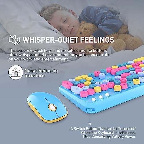 Colorful Wireless Keyboard Mouse Combo,Cute Round Keys,for PC Laptop,Blue