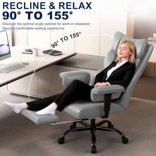 Misolant Big and Tall Office Chair with Footrest, High Back Executive Desk Chair with Adjustable Lift Armrest, 155°Recline，Lumbar Support Pillow, Faux Leather Gaming Chairs for Home or Office Gray