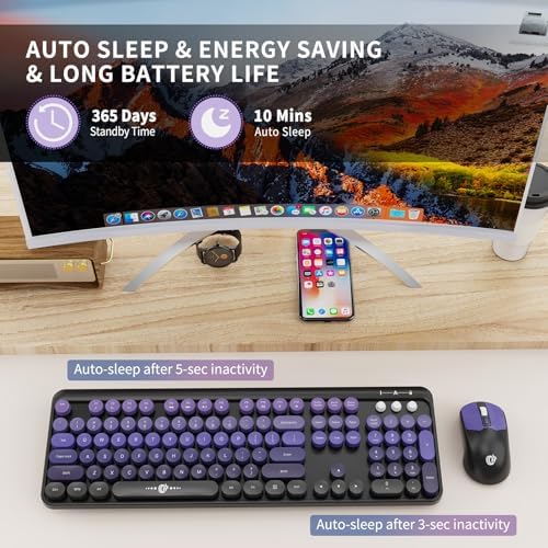 Purple Wireless Keyboard and Mouse Combo, Retro Round Keys,for PC Laptop
