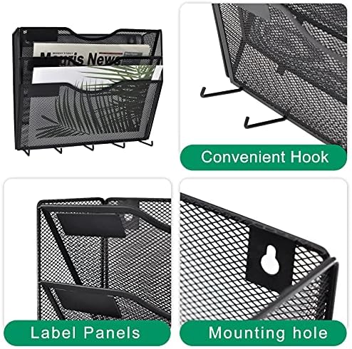 EASEPRES 3 Pocket Mesh Hanging File Organizer with Key Holder Hooks & Nametag Label, Wall Mounted Mail Paper Document Folder Clipboard Storage Organization Magazine Rack for Office Cubicle, Black