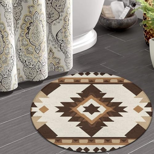Fashion Round Area Rug Large Non Slip Carpet Unisex Home Decor Mat Aztec Native American Southwestern Boho Brown