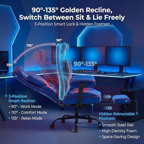 Big and Tall Gaming Office Chair 400lbs - Heavy Duty Ergonomic Computer Desk Chair with Footrest, Adjustable Armrests, High Back PU Leather with Racing Style (Blue/Red)