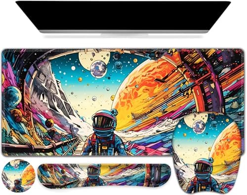Large Anime Mouse Pad with Wrist Support 4 in1 Set, XXL Big Game Mousepad + Keyboard Wrist Rest+Mouse Wrist Rest Pad +Coaster Gaming Mat for Home Office Computer Boy Man I Strange Planet Space Scene