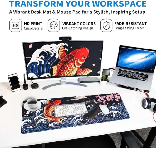 Extended Koi Fish Desk Mat, XL Large Gaming Mouse Pad, Japanese Great Wave Sakura Stitched Edges Waterproof with Non-Slip Rubber Base for Computer Keyboard Laptop Work Home Office 31.5"x11.8"