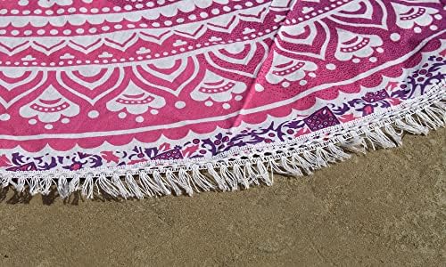 Round Beach Tapestry Turquoise Mandala Throw/Boho Hippie Beach Blanket Roundie/Indian Cotton Bohemian Large Round Table Cloth-Home Decor/Yoga Mat Meditation Picnic Rug (42", Pink and White)
