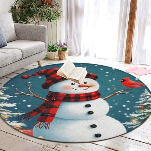 Soft Round Yoga Carpet, Office Chair Decor Round Mat for Carpet and Hardwood Floors Christmas Snowman