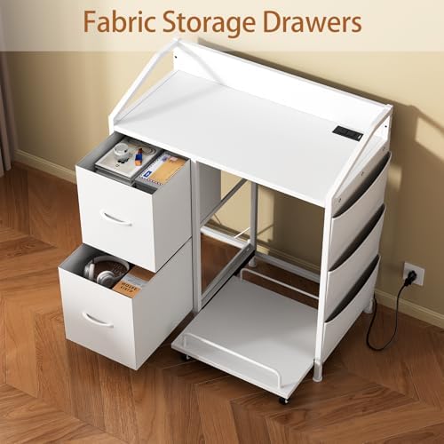 Printer Stand with Fabric Drawers, Lateral Office Filing Cabinets with Power outlets & USB Charging Port, File Cabinet with Large Printer Stands for Home Office, Shredder Stand Rack (White)