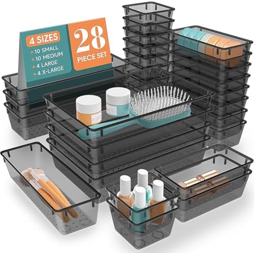 28 PCS Plastic Drawer Organizers Set, 4 Size Desk Drawer Organizer Trays
