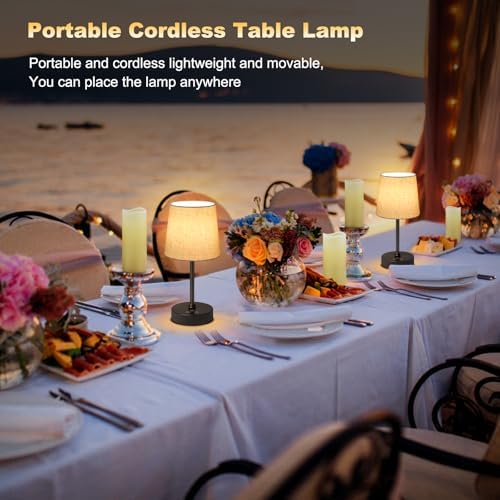 Wowag Small Cordless Table Lamp,5000mAh Rechargeable Battery Operated Desk Lamp,3 Colors & 7 RGB Stepless Dimmable, Portable Touch Wireless Lamp for Bedroom,Dining Table,Restaurant 2 Pack (Flaxen)