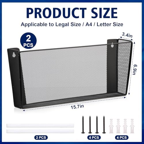 2 Pack Single Pocket Wall File Holder Legal Size Metal Mesh Hanging File Folder Paper Organizer Black Wall Mounted Mail Organizer Magazine Rack for Office Home School 15.7" L x6.9 Wx3.4 H