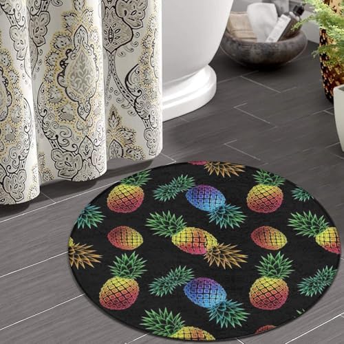 Large Home Decor Mat, Soft Round Yoga Carpet, Non Slip Machine Washable Home Office Circle Rug Pineapple Colorful, 24inch