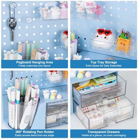 Comix Desk Organizer with 2 Drawer, Blue 360° Rotating Pen Holder for Desk