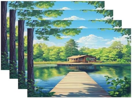 Batmerry Retreat Wooden Structure Linen Placemats Set of 4, Forest Setting Water Body Washable Table Mats for Kitchen Table Thickened Heat Insulation Dining Set Indoor Outdoor 12X18 in