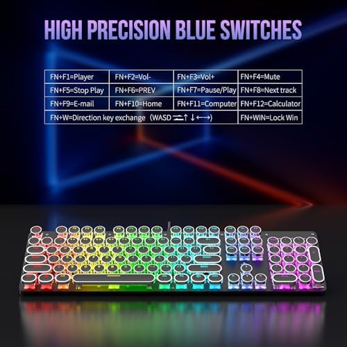 Typewriter Mechanical Gaming Keyboard with RGB Backlit Red Switches, 104 Keys Retro Round Keycap, Wired Typewriter Style Comfortable Typing Soud (R-Black)